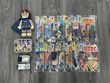COLLECTABLES / VINTAGE LOT - COMICS, PRESIDENTIAL BUTTONS, 2 CAMERAS & ECT