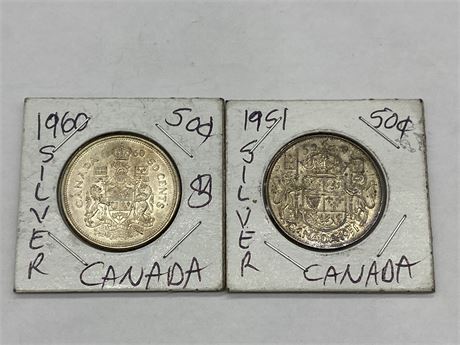 1951 & 1960 CANADIAN SILVER 50 CENT COINS