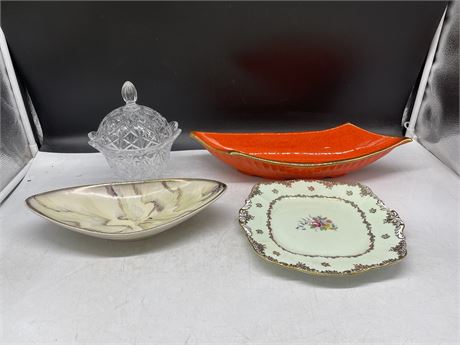 PARAGON PORCELAIN PLATE + 2 VINTAGE CANDY DISHES & CRYSTAL BOWL WITH LID