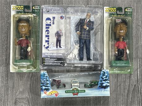 NEW/SEALED COLLECTABLES LOT - TIGER WOODS BOBBLEHEADS, HOT WHEELS & DON CHERRY