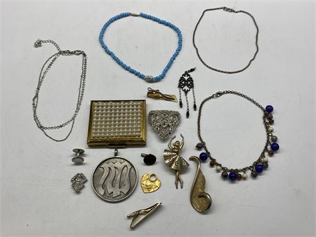 LOT OF VINTAGE JEWELRY, COMPACT ETC.