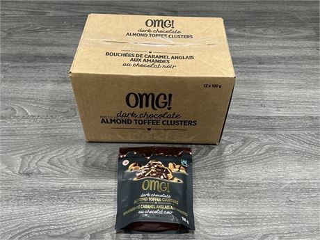 BOX OF 12 NEW OMG! DARK CHOCOLATE ALMOND TOFFEE CLUSTERS - 100G BAGS