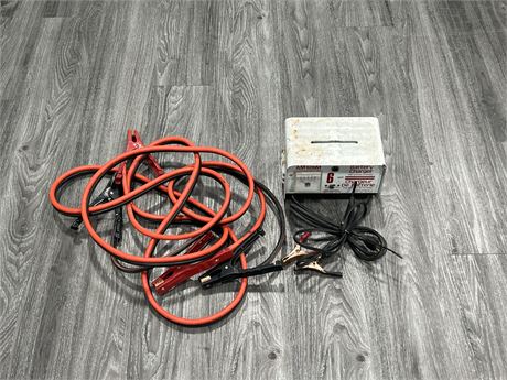 BATTERY CHARGER + HEAVY DUTY JUMPER CABLES