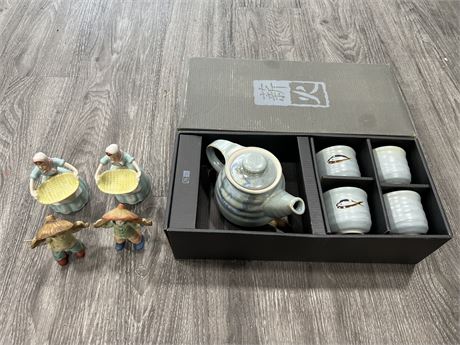 ASIAN POTTERY TEA SET & (4) 1940s JAPANESE PORCELAIN FIGURES (4” & 5.5”)