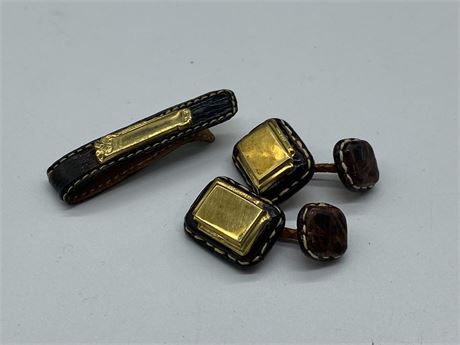 18K GOLD PLATED LEATHER CUFF LINKS & TIE BAR