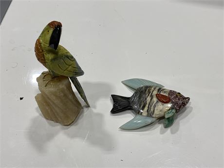 HAND CARVED STONE FIGURES OF PARROT & ANGEL FISH
