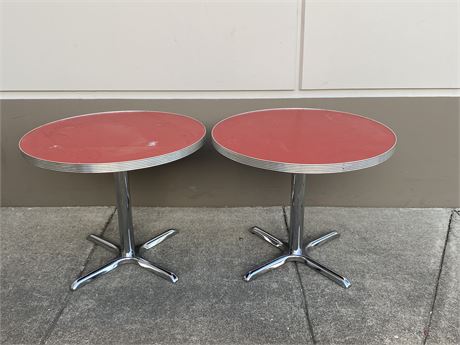 2 RED & CHROME CIRCULAR TABLES (36”wide,30” tall)