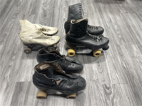 3 PAIRS OF VINTAGE LEATHER ROLLER SKATES (LARGEST SIZE IS 10.5 MENS)
