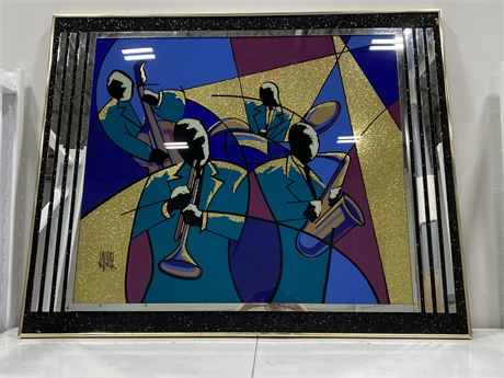 LARGE 1980s BACKPAINTED GLASS & MIRROR FRAMED ART (48”x60”)