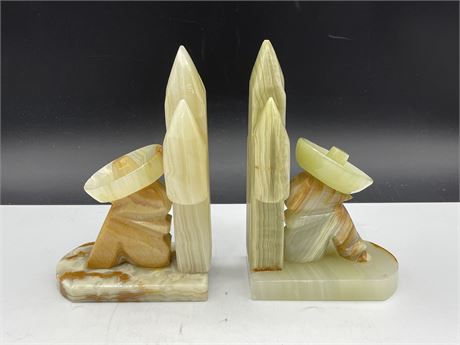 VINTAGE PAIR CARVED ONYX CACTUS & MEN BOOKENDS (7” TALL)