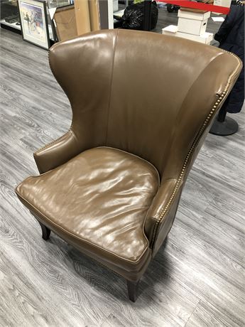 BROWN LEATHER WINGBACK STUDY CHAIR