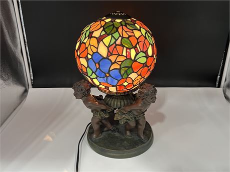 STAINED GLASS FIGURAL TABLE LAMP - WORKS (15” tall)