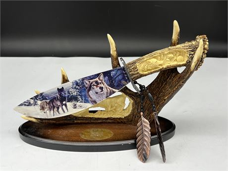 DECORATIVE WOLF KNIFE IN HOLDER (11” wide)