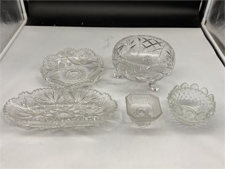 4 CRYSTAL CANDY BOWLS / DISHES (One has chip) & DECO GLASS SMALL BOWL