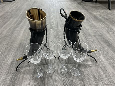 4 G.DURAND STEMWARE GLASSES & 2 VIKING HORN DECOR PIECES