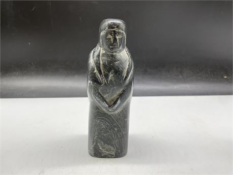 SIGNED INUIT MOTHER + CHILD CARVED STONE - “DR 83” 7” TALL