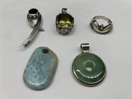 LOT OF MISC. PENDANTS + RING - 1 MARKED STERLING