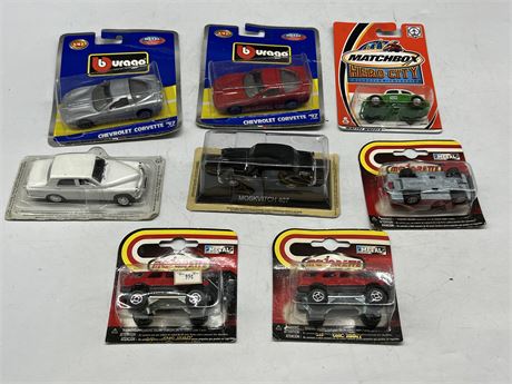 8 MISC DIECAST CARS IN BOX
