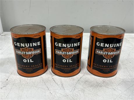 3 GENUINE HARLEY DAVIDSON 1 QUART OIL CANS (FULL)
