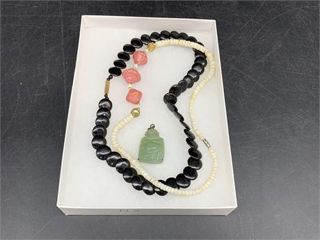 BLACK ONYX & PUKA SHELL W/RED CORAL NECKLACES & JADE PENDANT