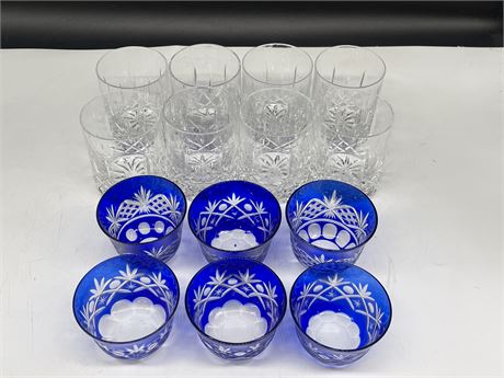 6 COBALT BLUE CRYSTAL DESSERT DISHES + 8 CRYSTAL GLASSES
