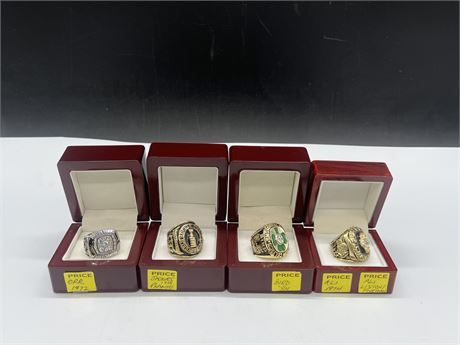 4 REPLICA CHAMPIONSHIP RINGS IN ROSEWOOD BOXES - BIRD, ALI, ORR & JACQUES PLANTE