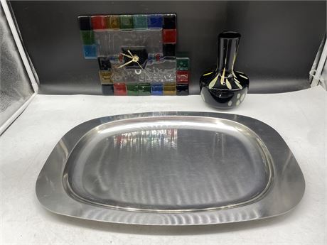MCM FUSED GLASS CLOCK, STAINLESS STEEL TRAY (DENMARK) & ART GLASS VASE