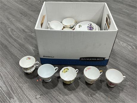 BOX OF MISC CUPS & SAUCERS