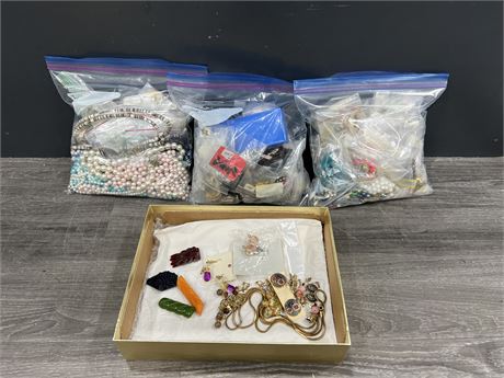 FLAT OF COSTUME JEWELRY + 3 BAGS OF MISC COSTUME JEWELRY