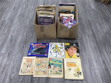 2 LARGE BOXES OF ASSORTED COLLECTIBLE BOOKS, MAGAZINES, + PAPERS