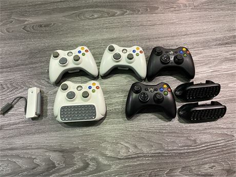 5 XBOX CONTROLLERS & 3 CHATPADS (as is, not tested)
