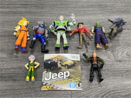 LOT OF SMALL ACTION FIGURES (6”) & WII JEEP THRILLS GAME