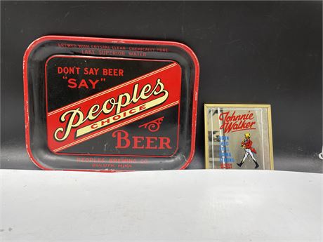 ANTIQUE PEOPLES CHOICE BEER TRAY & SO JOHNNIE WALKER SIGN 13”x10”