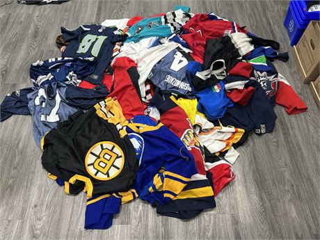 MONSTER LOT OF SPORTS JERSEYS - SOME NEW SOME VINTAGE - SIZES / COND. VARIES