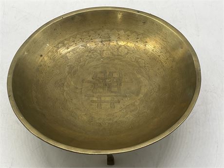 EARLY CHINESE BRASS FOOTED DRAGON BOWL 9" DIAM