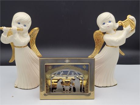 VINTAGE BRASS MUSICAL MANGER WITH 2 ANGELS (12"tall)