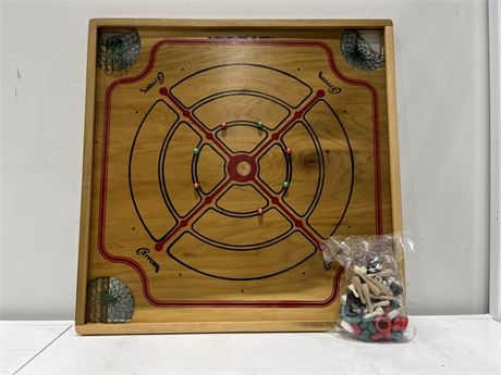 WOODEN CARROM BOARD GAME DOUBLE-SIDED W/ ACCESSORIES