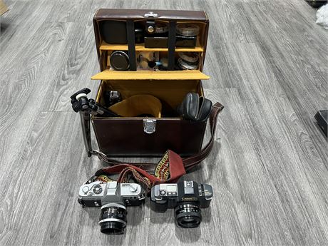 2 CANNON CAMERAS W/ TRIPOD & OTHER ACCESSORIES IN CARRY CASE