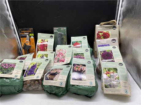 LOT OF MISC GARDEN SUPPLIES INCL: SEEDS, NEW FISCARS TRIMMERS, ETC