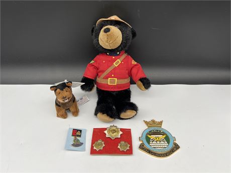 RCMP STUFFY BEAR / DOG + RCAS BADGES & OTHERES