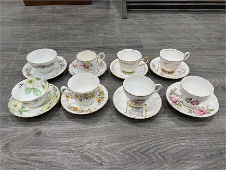 8 TEA CUPS / SAUCERS - TUSCAN, ROYAL VALE, CHELSEA & ECT