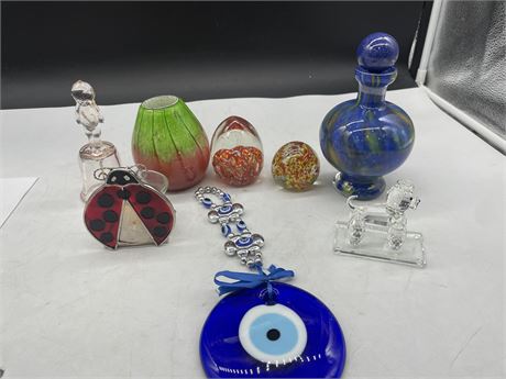 ART GLASS PAPERWEIGHTS, BELL, PERFUME ETC