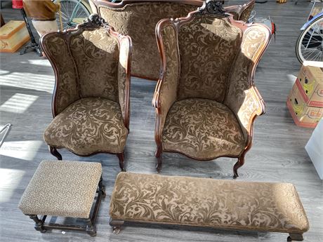 2 ANTIQUE CHAIRS W/ FOOTRESTS