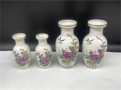 4 HAND PAINTED CHINESE VASES - 6”/8”