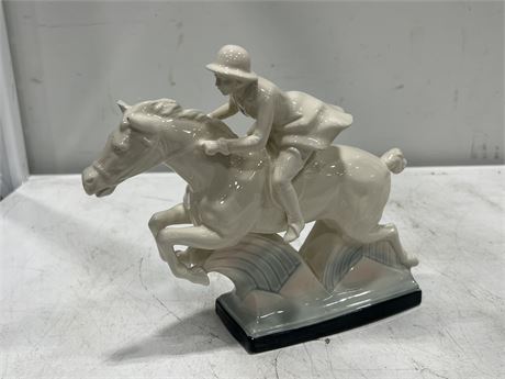 ART DECO GERMAN POTTERY FIGURE OF HORSE & RIDER (9” tall)