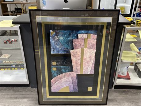 LARGE 1980’s DOUBLE SIDED GLASS HANGING ABSTRACT FRAMED PICTURE - 35”x48”