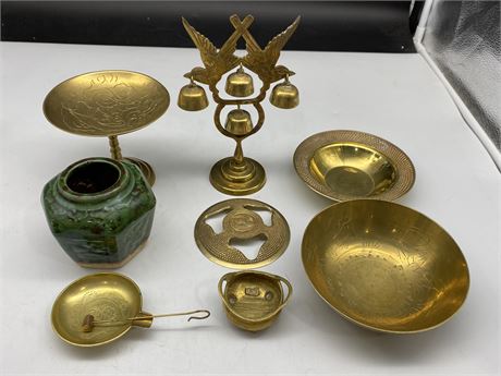 CHINESE BRASS ITEMS & GINGER JAR