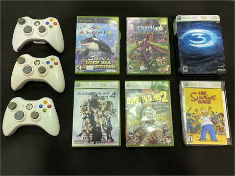 6 XBOX GAMES (games scratched) XBOX 360 CONTROLLERS (not tested)