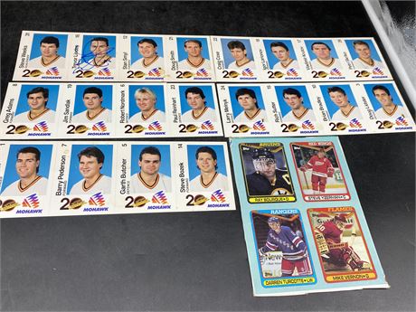 5 SHEETS OF MOHAWK CANUCKS CARDS W/SIGNED LINDEN, & 1990 TOPPS BOX BOTTOM