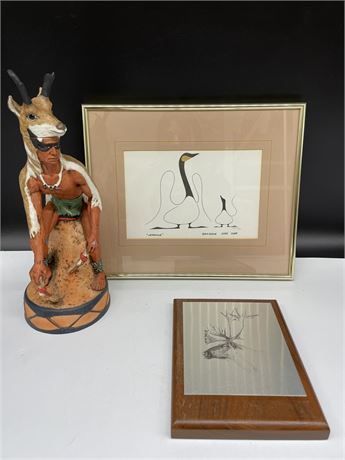 BENJAMIN CHEE CHEE PICTURE, METAL PLAQUE, SIGNED SKI COUNTRY ANTELOPE DANCER 13”